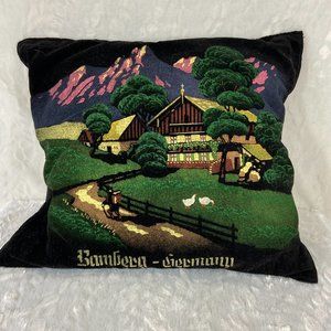 Vintage Black Velvet Baumberg Germany Souvenir Scene Pillow Front Hand Painted
